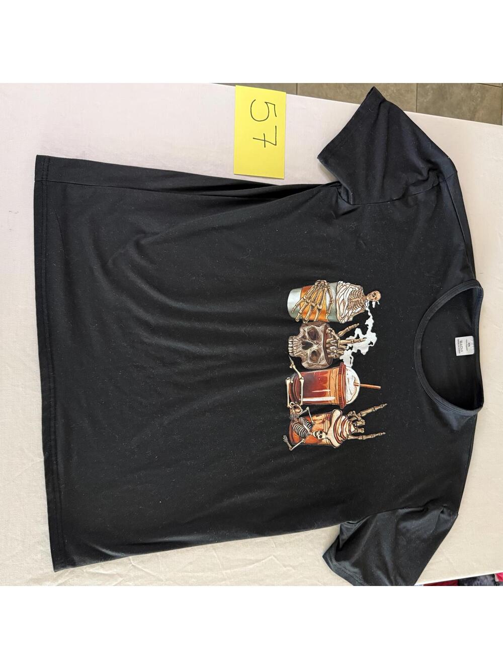 Black Graphic T-Shirt with Skeleton Fall Drink Design Size XXL